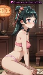 1girls ai_generated anime anime_style bangs bare_arms bare_legs bare_shoulders barefoot bell between_legs black_hair blue_eyes blunt_bangs blush bra breasts bust busty calligraphy_brush cleavage covered_nipples earrings female female_focus female_only flower frilled_bra from_side green_hair hair_bell hair_flower hair_ornament hair_rings hand_between_legs heart heart-shaped_pupils indoors jewelry kneeling kusuriya_no_hitorigoto lamp lantern long_hair looking_ahead makeup maomao_(kusuriya_no_hitorigoto) medium_breasts medium_hair natsuyoru navel necklace nose_blush paintbrush panties pink_bra pink_panties sitting small_breasts solo solo_female strapless strapless_bra underwear underwear_only voluptuous voluptuous_female