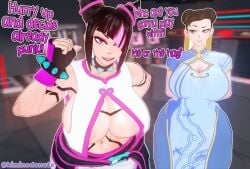 2girls 3d 3d_(artwork) belt big_breasts big_hips black_hair brown_eyes brown_hair chun-li cleavage cleavage_window female_only juri_han kiminodonuts koikatsu looking_at_viewer nipples_visible_through_clothing purple_eyes round_breasts street_fighter street_fighter_6 text thick_thighs thighs tights vest