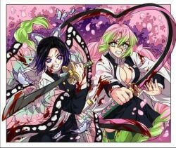 2girls black_hair blood blood_stain demon_slayer female female_only hfxpins injured injury kanroji_mitsuri kimetsu_no_yaiba kochou_shinobu multiple_girls pink_hair sakura_tree sword wounded