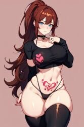 ai_generated black_clothing blue_eyes brown_hair choker crop_top crotch_tattoo long_sleeves ponytail thighhighs thong