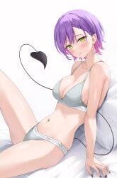 black_nails blush cornrows holoforce hololive hololive_japan looking_at_viewer medium_breasts nail_polish on_bed reclining seductive seductive_look seductive_smile short_hair sports_bra sportswear tokoyami_towa tomboy underwear underwear_only virtual_youtuber