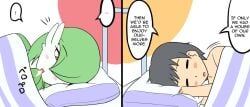 1boy 1girls bed brendan_(pokemon) comic cum cute_face game_freak gardevoir pillow pokemon pokemon_(species) resting