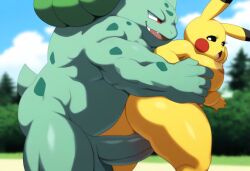 ai_generated anthro breasts bulbasaur muscular_male overweight_female penis pikachu pokemon pokemon_(species)