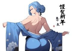 1girls ai_generated ass backless_outfit big_ass blue_eyes blue_hair dat_ass female kimono large_breasts looking_at_viewer mullon novelai original seductive seductive_look seductive_smile sideboob solo