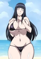 1girls alluring bare_legs beach big_breasts black_hair grey_eyes hyuuga_hinata milf naruto naruto_(series) ocean pin_up posing under_boob yxyyxy