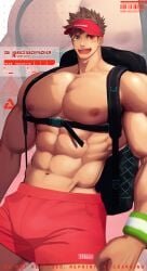 1boy abs backpack bara beard_stubble beefy biceps big_areola big_breasts big_hands blue_eyes blush brown_hair buckle cap disproportional gay heterochromia hi_res hunk looking_at_viewer male male_breasts male_only manly mature_male meisho_hanten muscles muscular muscular_arms muscular_male open_mouth oppai original original_character pecs red_eyes short_hair six_pack solo standing straps sweat sweatdrop text thick_arms topless tough_guy v-shaped_eyebrows veiny veiny_arms veiny_breasts veiny_muscles very_high_resolution wide_eyed wide_shoulders wristband yaoi