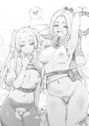 2elves 2girls breasts crossover delicious_in_dungeon dungeon_meshi elf female female_only fkscrashing frieren frieren_beyond_journey&#039;s_end long_hair marcille_donato monochrome multiple_girls naked nude_female pussy pussy_hair smile source_removed sousou_no_frieren standing