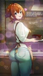 1girls apron ass big_ass brown_hair cake cooking dreadpunk eiyuu_densetsu headscarf heart jeans kitchen looking_at_viewer looking_back noel_seeker offscreen_character red_hair smile text the_legend_of_heroes