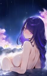 ai_generated arm_support back back_view bare_arms bare_back bare_legs bare_shoulders bare_thighs big_breasts blush breasts closed_mouth completely_nude genshin_impact hot_spring knees_up long_hair night nipples nude onsen outdoors partially_submerged purple_eyes purple_hair raiden_shogun setsuaiart shiny_skin shoulder_blades steam thighs water wet_body wet_hair