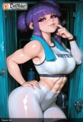 abs ai_generated bangs bare_shoulders blunt_bangs bottle breasts dollmaker dollmaker_(artist) double_bun earrings female finger_to_mouth hair_bun hand_on_hip heart jewelry looking_at_viewer muscular muscular_female patreon_username purple_hair smile solo sweat symbol-shaped_pupils tagme toned towel watch water_bottle watermark web_address wristband yoga_pants