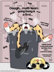 after_gangbang after_sex anthro black_spots bodily_fluids cheetah cum cum_everywhere cum_inside cum_on_face cum_on_feet dazed dialogue english_text feet felid feline female fur genital_fluids hi_res inside_trash_can locker locker_room mammal markings mascot_costume messy moan opie_(sleepysheepy17) sleepysheepy17 solo spots spotted_body spotted_fur tail tail_motion tailwag text yellow_body yellow_fur