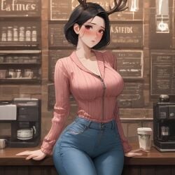 ai_generated antlers black_hair elf_ears eye_contact gloves pixie_cut red red_eyes red_gloves seductive_expression short_hair smirk smug_expression teasing usebackdooronly