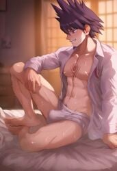 1boy ai_generated arm_on_leg bed bedroom blush bulge danganronpa danganronpa_v3 facial_hair feet gay horny inviting inviting_to_sex male_only momota_kaito on_bed open_clothes open_legs smile smug sweat sweating sweaty waiting