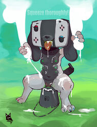 1_2_switch animate_inanimate anthro blush breasts bucket bukkake canine caption cum cumshot disembodied_penis ejaculation female handjob looking_at_viewer male mammal multi_breast multi_nipple newd nintendo nintendo_switch nipples open_mouth orgasm penis penis_milking pussy sex simple_background slightly_chubby straight switch_dog tongue tongue_out video_games