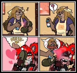 2022 4koma 5_toes airborne_clothing airborne_footwear airborne_object airborne_shoes anthro apron base_two_layout black_border blarf022 blush border brose_(giselleandvivian) brown_body brown_fur brown_hair chanta_(giselleandvivian) clothing comic confusion contour_smear cough creature_print cross-popping_vein distorted_contour dotted_line dotted_outline duo ear_piercing ear_ring english_text feet female female/female foot_fetish footwear four_frame_grid four_frame_image fur grid_layout hair head_print heart_pair heart_symbol hi_res humanoid_feet humor iconography mammal mental_pictographics mustelid onomatopoeia otter pictographics piercing plantigrade print_apron print_clothing procyonid question_mark raccoon red_hair regular_grid_layout ring_piercing shoe_sniffing shoes smelly smelly_feet sniffing sniffing_clothes sound_effects speech_bubble spraying text thought_bubble toes two_row_layout