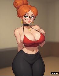 ai_generated big_breasts christian_cross cleavage dat_ass fat_ass ginger ginger_hair glasses gym_clothes gym_uniform halter_top n_1611 navel_piercing slut slutty_clothing slutty_outfit wide_hips