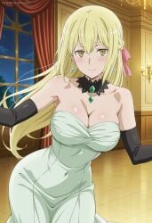 1girls ai_generated aiz_wallenstein artkoikoi asian asian_female big_breasts blonde_hair breasts choker cleavage dungeon_ni_deai_wo_motomeru_no_wa_machigatteiru_darou_ka earrings elbow_gloves elegant elegant_dress female female_only hair_ornament highres hourglass_figure jewelry light-skinned_female long_hair looking_at_viewer patreon patreon_username solo yellow_eyes