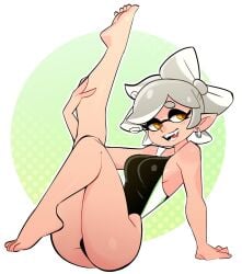 1girls boondraws bow-shaped_hair breasts commission earrings fangs female green_circle grey_hair highres inkling jewelry leg_up marie_(splatoon) nintendo one-piece_swimsuit open_mouth orange_eyes pointy_ears short_hair simple_background single_earring smile solo solo_female splatoon splatoon_(series) splatoon_1 swimsuit teeth tentacle tentacle_hair tongue