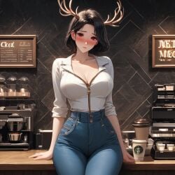 ai_generated antlers black_hair elf_ears eye_contact gloves pixie_cut red red_eyes red_gloves seductive_expression short_hair smirk smug_expression teasing usebackdooronly