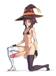 bandage big_penis bikini_top brown_hair collar eye_patch futa_only futanari grinning kneeling kono_subarashii_sekai_ni_shukufuku_wo! konosuba makinakid megumin penis red_eyes skimpy_clothes solo solo_female solo_focus stockings