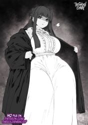 1girls annoyed big_breasts black_and_white dress female_focus female_only fern_(sousou_no_frieren) full_body fully_clothed fully_clothed_female hourglass_figure huge_breasts looking_at_viewer monochrome open_cloak sousou_no_frieren thegoldensmurf thick_thighs wide_hips