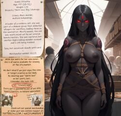 ai_generated anime big_breasts big_breasts big_breasts big_nipples bondage bondage bounty_hunters dark_hair dark_skin ebony edited evil fantasy female fictional market naked nude photoshop possessed red_eyes roleplay ropes slave slavegirl slavery waifu witch