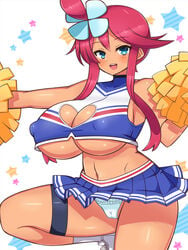 1girls big_breasts blush breasts cameltoe cheerleader chro cleavage cleavage_cutout cutout female female_only heart_cutout human large_breasts looking_at_viewer miniskirt panties pokemon pom_poms skirt skyla_(pokemon) smile solo underboob upskirt