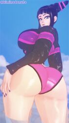 1female 1girls 3d 3d_(artwork) alternate_costume beach big_ass big_breasts bikini black_hair blue_sky bubble_butt female female_only hand_on_butt huge_ass juri_han kiminodonuts koikatsu leather_jacket looking_at_viewer purple_eyes purple_nails round_ass shiny_skin street_fighter sweat swimsuit thick_thighs thighs