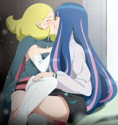 2girls ada_(boruto) bent_over big_breasts blonde_hair blue_and_pink_hair blunt_bangs boruto:_naruto_next_generations breasts busty center_opening closed_eyes delta_(boruto) earrings female female/female female_only jewelry kissing lipstick long_hair makeup multicolored_hair multiple_girls naruto naruto_(series) no_bra optimystic revealing_clothes sitting standing table two_tone_hair very_long_hair voluptuous yuri