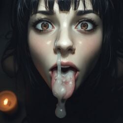 after_fellatio after_oral ai_generated black_hair blunt_bangs cum cum_drip cum_dripping cum_in_mouth cum_on_face cum_on_nose cum_on_tongue cumshot eyes_wide_open goth goth_girl implied_rape liora lioram00n open_mouth original_character scared tagme tongue_out