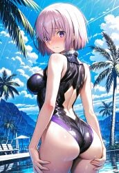 ai_generated ass bare_shoulders big_breasts dress embarrassed fate/grand_order fate_(series) female female_focus female_only mash_kyrielight mashu purple_eyes raining renajin thighs voluptuous voluptuous_female