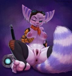 anthro areola ass breasts clothing domestic_cat feet felid feline felis female fluffy fur gaping genitals gloves handwear hi_res jewelry legwear lombax mammal nipples nipples_piercings non-human_areolae paws pink_areola pink_nipples pink_pussy prosthetic pussy ratchet_and_clank rivet_(ratchet_and_clank) scarf sony_corporation sony_interactive_entertainment stockings tail thejoyfuldragon tongue