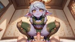 1girls ai_generated belly_button belt big_ass blush cowgirl_position earrings gloves goggles goggles_on_head green_topwear indoors league_of_legends leggings looking_at_viewer looking_down penis pointy_ears pussy sex short_hair skindentation small_breasts smiling smiling_at_viewer squatting thick_thighs tristana white_hair yellow_eyes yordle