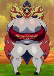 absurd_res anthro areola ass big_areola big_breasts big_butt bra breasts clothing crowned_shield_zamazenta female generation_8_pokemon hand_on_breast hi_res huge_breasts huge_butt hyper hyper_breasts ivaldi legendary_pokemon looking_at_viewer nintendo nipple_slip nipples pokemon pokemon_(species) purple_nipples smile solo standing symmetry thick_thighs tight_clothing underwear wide_hips zamazenta