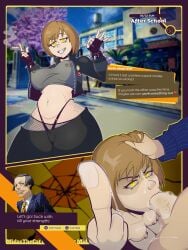 2koma after_sex atlus blowjob brown_hair chie_satonaka cum cum_drip cum_in_mouth cum_inside cum_on_body cum_on_breasts cum_on_face cumshot fellatio goth goth_girl kinshiro_morooka midasartistcat midasthecat oral persona persona_4 satonaka_chie yellow_eyes