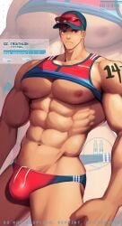 1boy abs bara beefy biceps big_areola big_breasts big_bulge big_hands blue_eyes blush brown_hair bulge bulge_through_clothing cap clothes_lift disproportional gay heterochromia hi_res hunk looking_at_viewer male male_breasts male_only manly mature_male meisho_hanten muscles muscular muscular_arms muscular_male oppai original original_character pecs red_eyes short_hair six_pack solo standing sunglasses sunglasses_on_head sweat sweatdrop swimsuit tanktop text thick_arms thong tough_guy v-shaped_eyebrows veiny veiny_arms veiny_belly veiny_breasts veiny_muscles very_high_resolution wide_shoulders yaoi