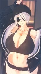 1girls angel_(kof) big_ass big_breasts blue_eyes breasts busty collar curvaceous curvy curvy_female female glasses gloves hat huge_breasts indoor indoors jacket kiminodonuts king_of_fighters light-skinned_female light_skin looking_at_viewer necklace one_eye_covered one_eye_obstructed pale-skinned_female pale_skin round_glasses short_hair smile smiling_at_viewer sports_bra sportswear thick thick_legs thick_thighs thighs voluptuous voluptuous_female white_hair wide_hips