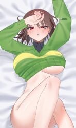 1girls 2024 2d 2d_(artwork) arms_up aruneo bare_bottom bed bed_sheet bottomless breasts brown_hair chara crossed_legs digital_drawing_(artwork) digital_media_(artwork) female female_focus female_human female_only green_shirt human large_breasts light-skinned_female light_skin looking_at_viewer lying_on_bed red_eyes shiny_skin shirt_up sideboob undertale undertale_(series) video_game_character video_game_franchise video_games voluptuous voluptuous_female