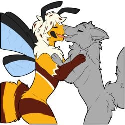 animal_humanoid antennae_(anatomy) arthropod arthropod_humanoid bee canid canine closed_eyes duo humanoid hymenopteran insect_humanoid insect_wings insects kiss_on_lips kissing mammal symrea telegram_sticker toony wings yellow_body