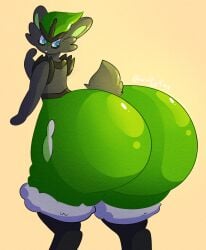 2020 anthro ass ass_bigger_than_head ass_bigger_than_torso bad_anatomy big_butt blue_eyes butt_bigger_than_head butt_bigger_than_torso cinderace colored digital_media_(artwork) generation_8_pokemon green_butt green_inner_ear green_nose grey_body grey_ears grey_tail hi_res huge_butt hyper hyper_butt looking_at_butt looking_at_own_butt looking_back looking_back_at_self male nintendo open_mouth pokemon pokemon_(species) reathe_(character) scut_tail shaded short_tail simple_background solo tail tan_background thick_thighs white_mouth wulfykae