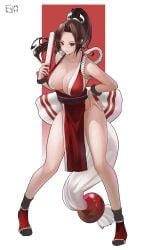 absurdres bare_hips black_socks breasts cleavage commentary_request fatal_fury female folded_fan folding_fan full_body hair_intakes hand_fan hand_on_own_hip high_ponytail highres holding holding_fan king_of_fighters large_breasts long_hair looking_at_viewer mai_shiranui no_bra no_panties no_underwear pelvic_curtain pigeon-toed revealing_clothes sanseki-hahn snk socks solo standing stirrup_legwear the_king_of_fighters thighs toeless_legwear