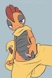 anthro nintendo pokemon presenting presenting_pussy pussy scrafty simple_background solo spread_pussy spreading vandalistpikachu video_games