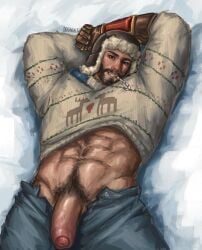 christmas cole_cassidy ddonialt hairy jeans lifted_shirt male_only overwatch overwatch_2 solo_male uncut winter