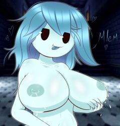 1girls 4k blue_hair blurry_background breasts breasts_bigger_than_head brown_eyes ghost ghost_girl gothtrishy heart hi_res highres huge_breasts lactating lactation long_hair looking_at_viewer messy_hair milk milk_squirt milking monster monster_girl nightmare_waifu silly spooky's_house_of_jump_scares spooky's_jump_scare_mansion spooky_(shojs) squish squished_breasts text tongue tongue_out