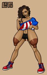 1girls america_chavez areola areolae breasts brown_hair brunette dark-skinned_female dark_skin female female_only huge_areolae huge_breasts large_breasts latina leta marvel miss_america miss_america_chavez pussy sagging_breasts solo thighs