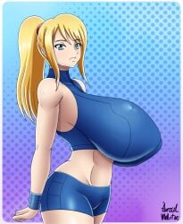 1girls 2024 azraelwebster bare_shoulders beauty_mark big_thighs blonde_female blonde_hair blue_clothing blue_crop_top blue_eyes blue_shorts breasts_bigger_than_ass breasts_bigger_than_head breasts_bigger_than_torso casual_outfit_(metroid) clothed clothing crop_top eyebrows_visible_through_hair female female_focus female_only flexible gradient_background high_ponytail huge_breasts large_breasts light-skinned_female light_skin lips looking_at_viewer metroid metroid_fusion midriff nintendo nipple_bulge ponytail samus_aran serious short_shorts shorts sleeveless solo thick thick_hips thick_thighs thin_female tied_hair top_heavy wide_hips wristband zero_suit_samus