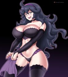 1girls ahoge alternate_costume black_hair detached_sleeves gradient_background gummslime hex_maniac large_breasts long_hair open_mouth pokemon purple_hair smile