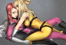 2girls ass black_eyes blonde_hair dragon_keeper go!_go!_loser_ranger! green_eyes pink_hair pink_keeper ranger_reject sakurama_sesera sentai_daishikkaku suzukiri_yumeko yuri