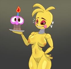 alone animatronic breasts chicken completely_naked completely_nude completely_nude_female cupcake five_nights_at_freddy's five_nights_at_freddy's_2 fnaf furry furry_only holding_object looking_at_viewer nude nude_female pihundred pussy robot solo suglir toy_chica_(fnaf) yellow_body