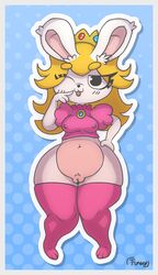 2017 anthro blush breasts clothed clothing female fur fuwuart hair lagomorph looking_at_viewer mammal mario_(series) mario_+_rabbids mario_+_rabbids:_kingdom_battle naughty_face nintendo nipples partially_clothed princess_peach_(cosplay) pussy rabbid rabbid_peach rabbit raving_rabbids shortstack smile solo thick_thighs tongue video_games voluptuous wide_hips